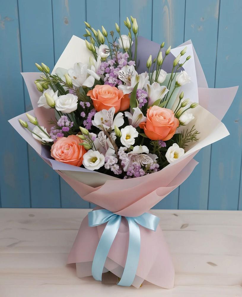 Букет цветов из: Лизиантусы, Розы, Альстромерии и Гипсофила в Горетово