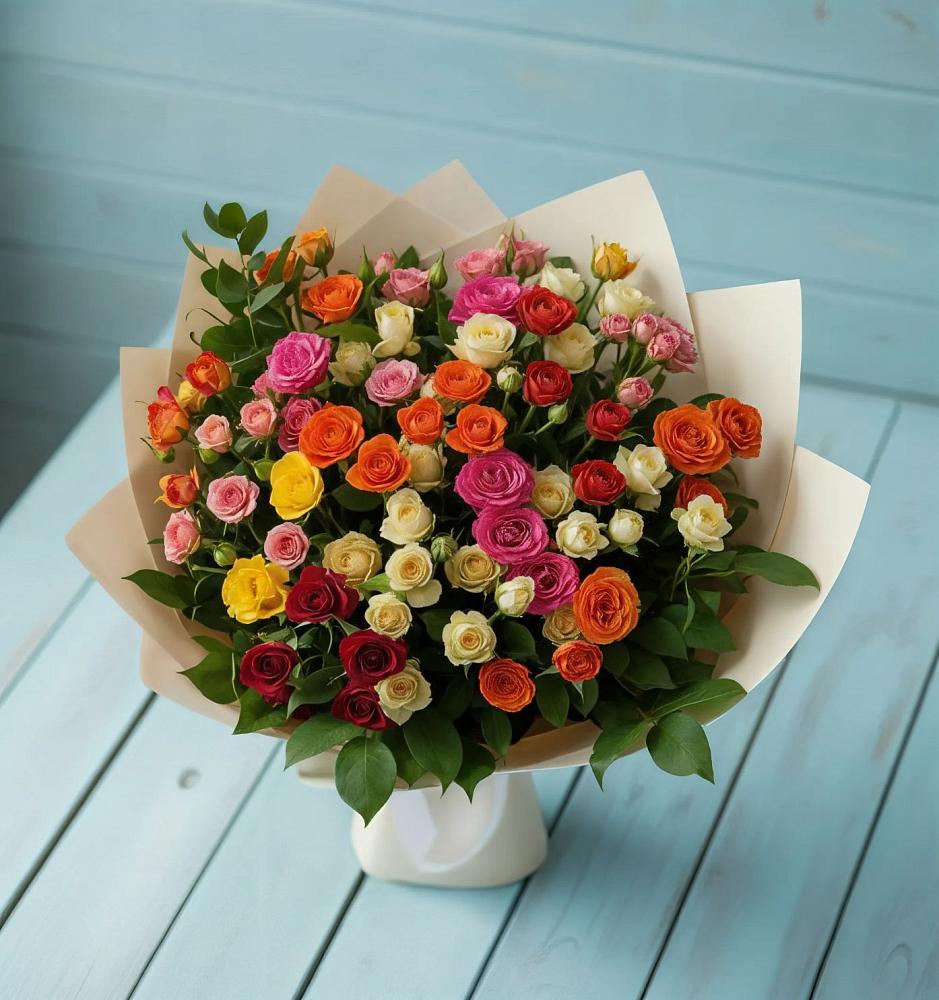 Букет Микс из разноцветных кустовых роз в Горетово